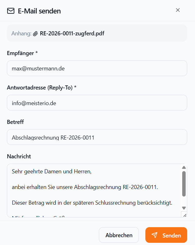 E-Mail-Versanddialog einer Rechnung mit ZUGFeRD-PDF als Anhang