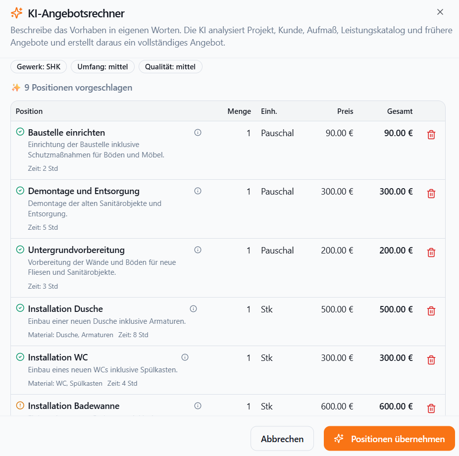 KI-Angebotsrechner mit vorgeschlagenen Positionen, Mengen und Preisen