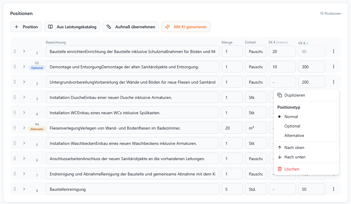 Angebotspositionen mit Auswahl von Positionstyp Normal, Optional und Alternative