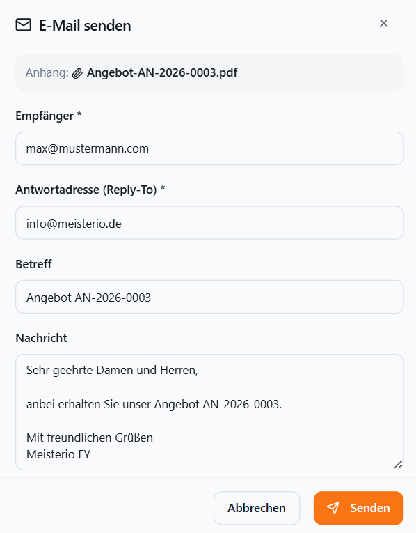 E-Mail-Versanddialog eines Angebots mit angehängtem Angebots-PDF